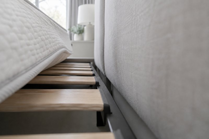 Bed slats and frame joints under a lifted mattress, in a bright bedroom