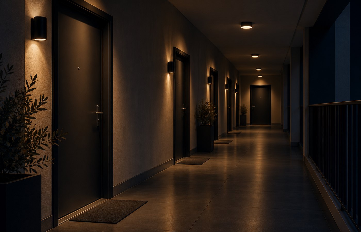 Corridor in a block of flats with several front doors