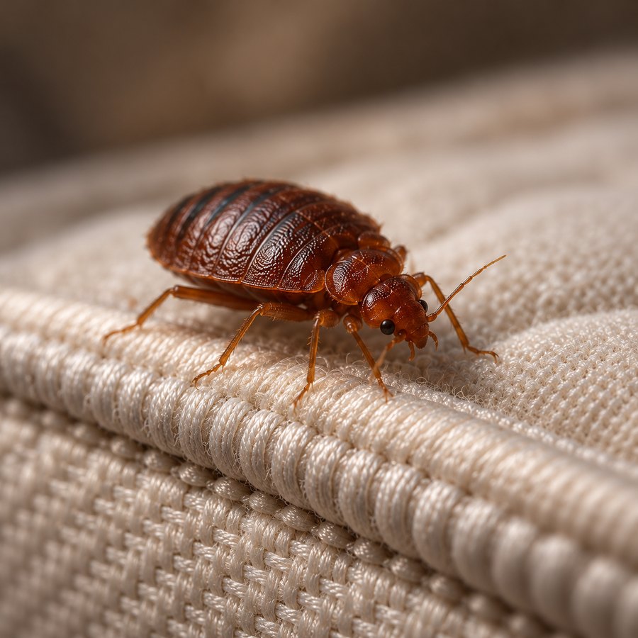 Bed bug on the seam and piping of a mattress – a typical harbourage