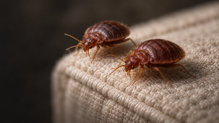 Two bed bugs on a pale fabric surface
