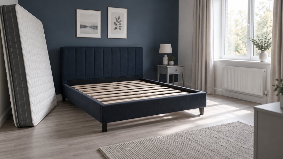 Bed frame with slats, mattress leaned against the wall, in a bright bedroom – prepared for treatment