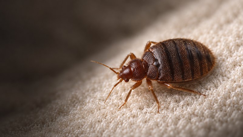 Adult bed bug close up on pale fabric