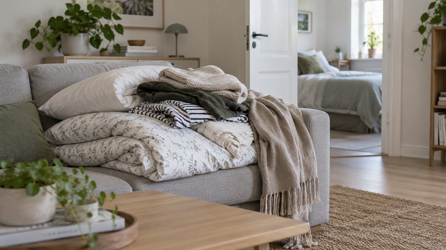 Bedding and clothes piled on a living room sofa, with an open bedroom door in the background