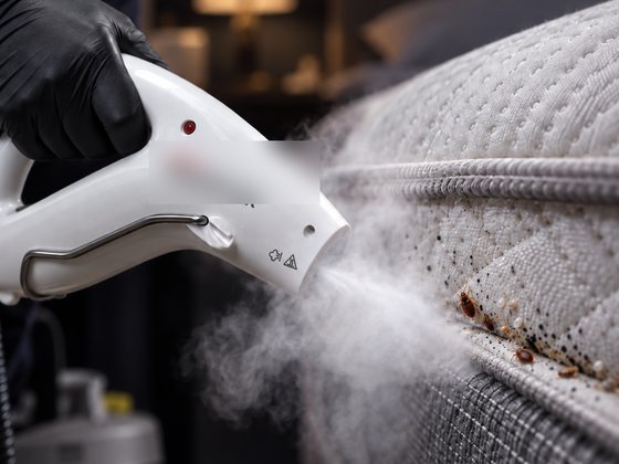 A handheld steamer applies direct heat to the mattress seam