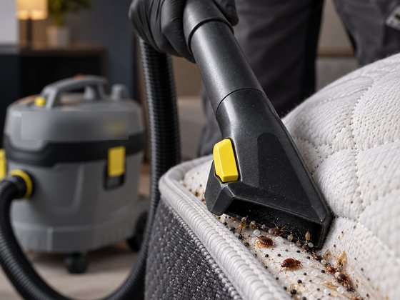 Professional vacuum with a crevice tool along the mattress seam