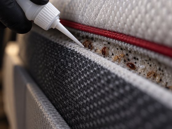Product applied precisely with a fine applicator to a hidden point of the mattress seam