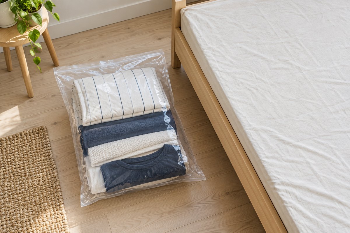 Bedding and clothing prepared in a sealed transparent bag in a tidy bedroom
