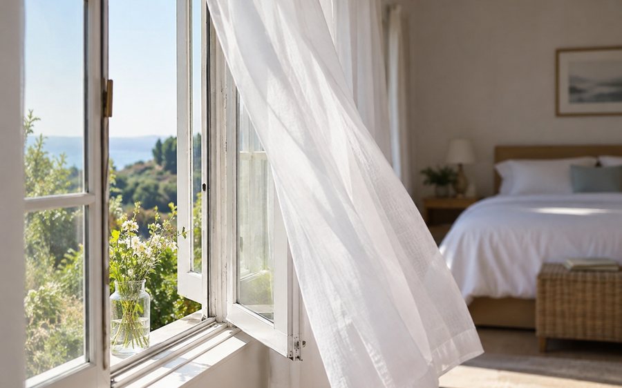 A bedroom window opened wide, curtain moving in the draught, a made bed behind it