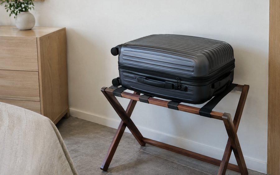 Suitcase on a luggage rack, away from the wall and the bed, in a hotel room